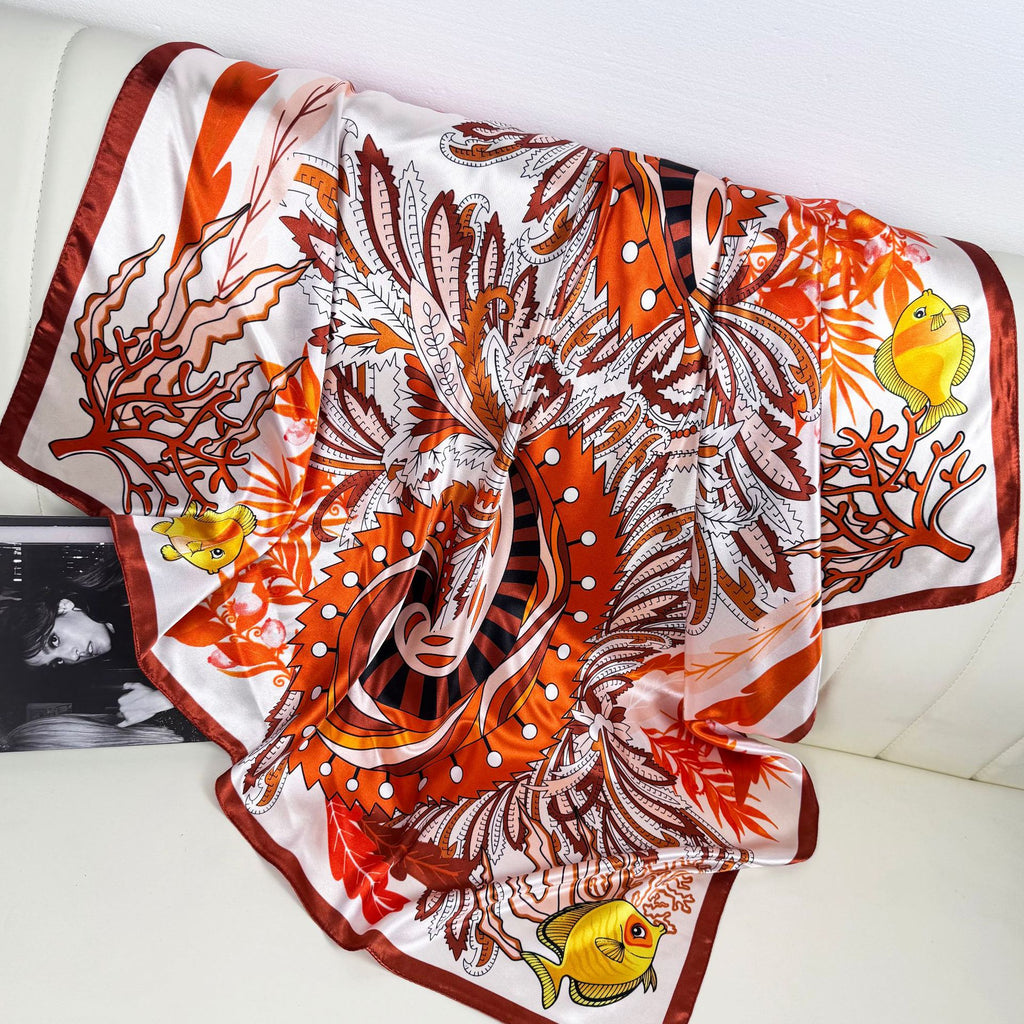 European and American fashion plant flower print silk scarf 90cm large square scarf, women's scarf with shawl, gifts