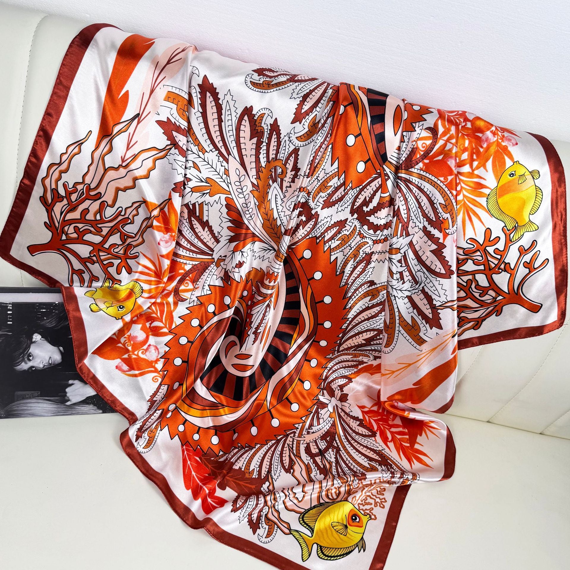 European and American fashion plant flower print silk scarf 90cm large square scarf, women's scarf with shawl, gifts