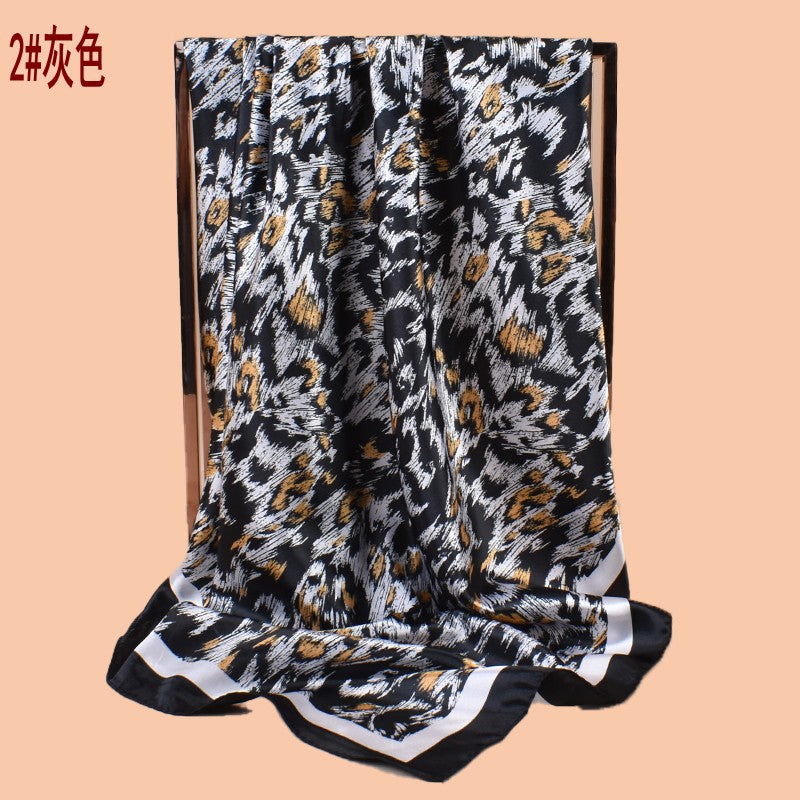 2025 new 90cm-satin sketch leopard print versatile printed square scarf with sunscreen, bag head silk scarf decoration, scarf