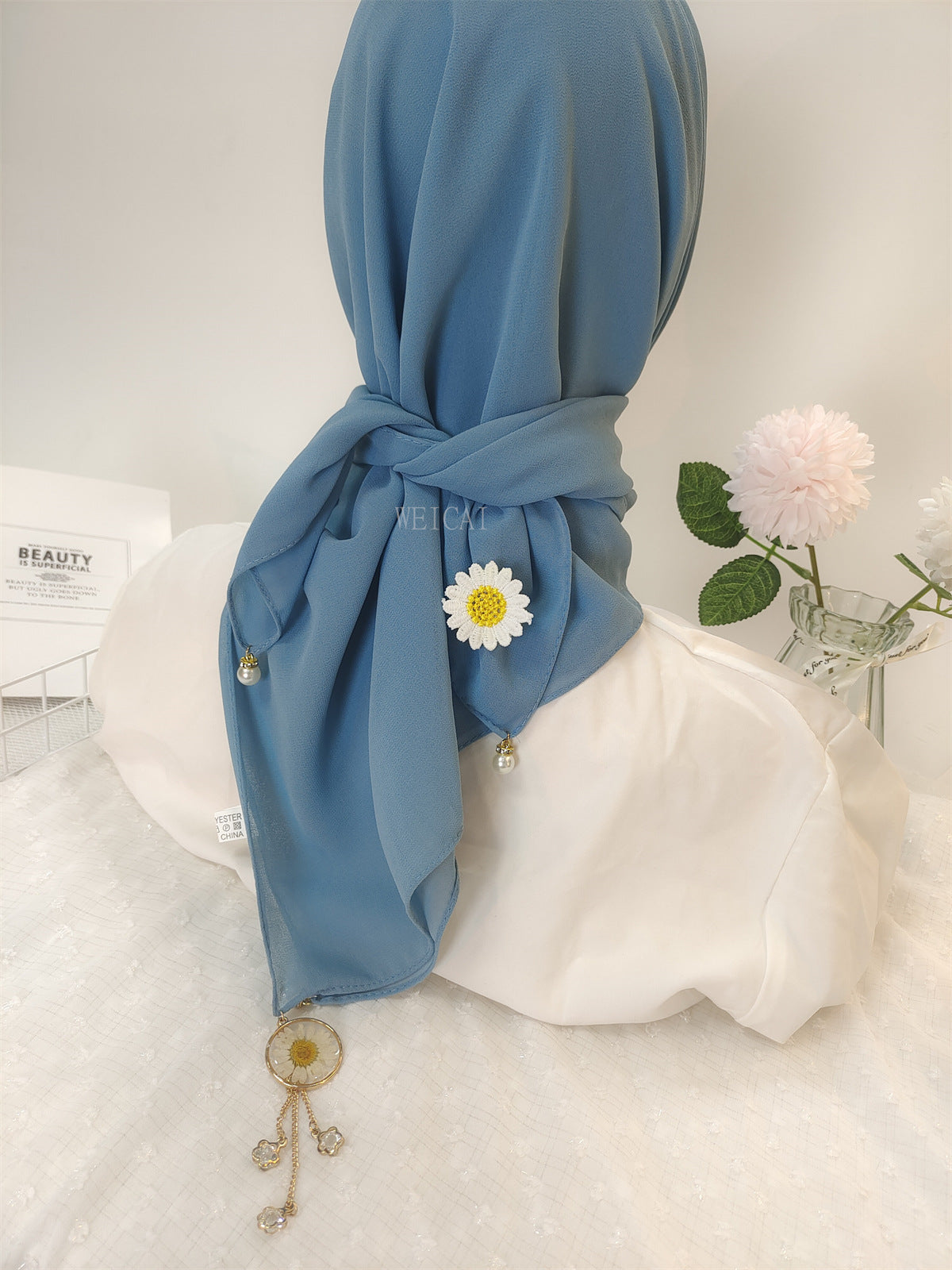 New solid color chiffon square scarf headscarf ins wind small daisy dried flower yarn hijab