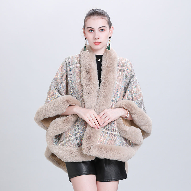Autumn and winter new sequined knitted shawl fur collar jacket piled and thickened versatile plaid cape shawl Q0999 #