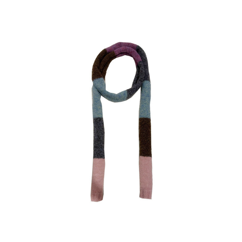 Niche color matching wool blended sausage knitted scarf women's early autumn concave shape y2k fine and narrow wool scarf
