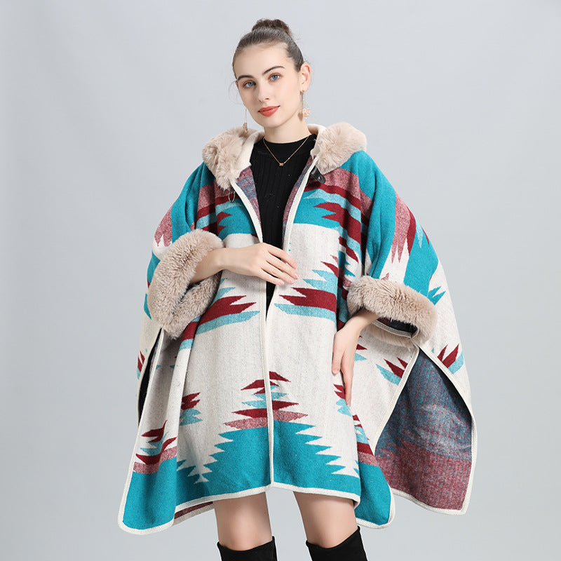 European and American autumn and winter new large size loose cloak imitation fur collar jacquard knitted cardigan shawl cloak jacket 0967 #