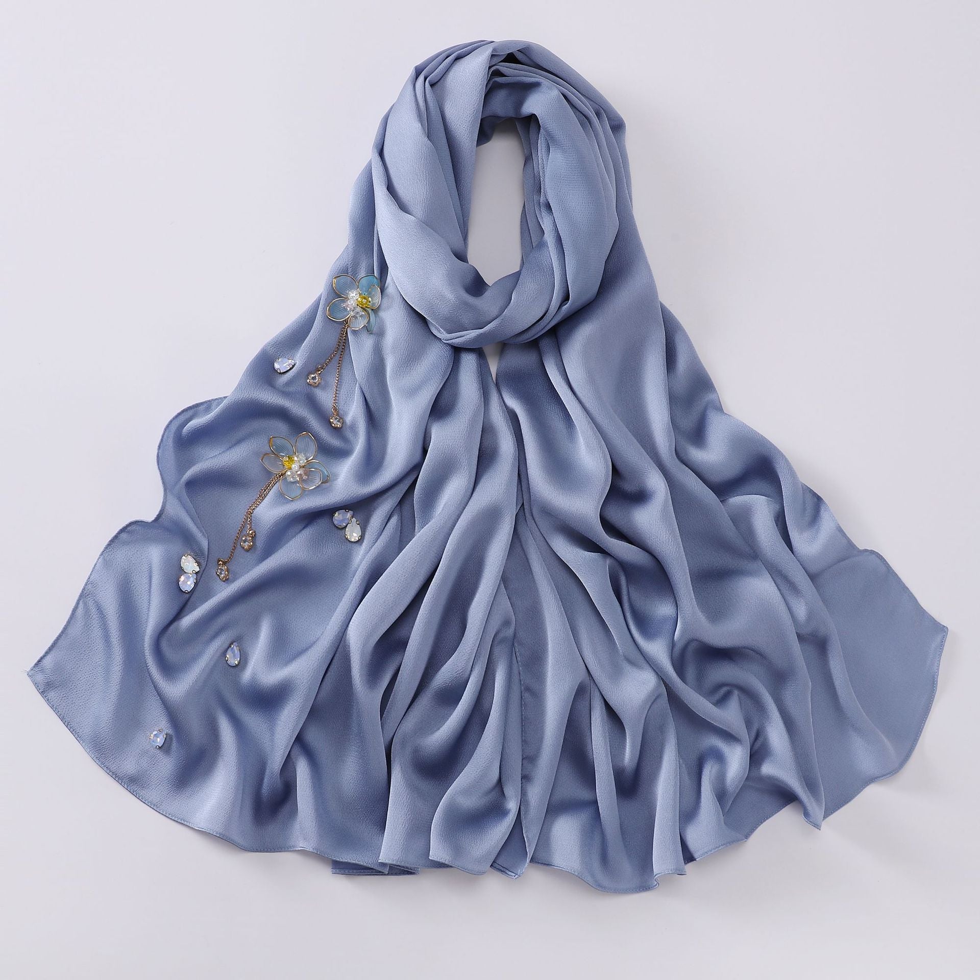 New bubble chiffon hand-sewn flower scarf Chinese wind point diamond yarn Malaysian headscarf hijab