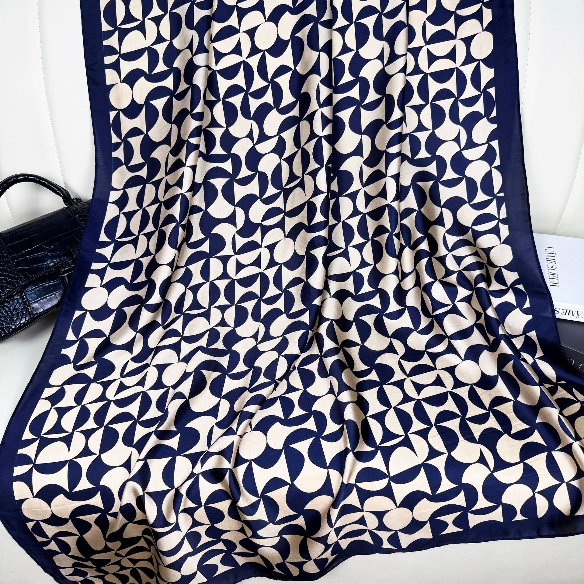 Fashion versatile geometric lines leopard print long silk scarf, ethnic women's dress sunscreen