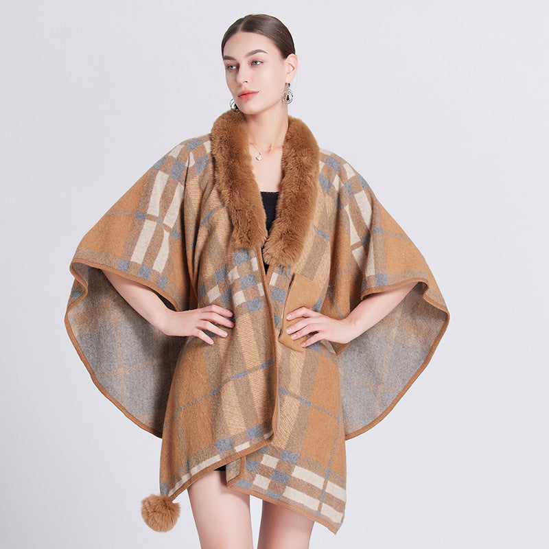 1251 #European and American autumn and winter new shawl cape imitation fur collar plaid cape shawl loose knitted cardigan jacket
