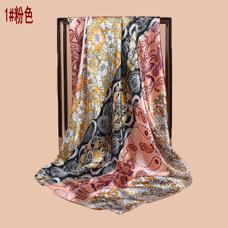 New 90cm-satin cashew nut flower printing square scarf with sunscreen, head silk scarf decoration, scarf