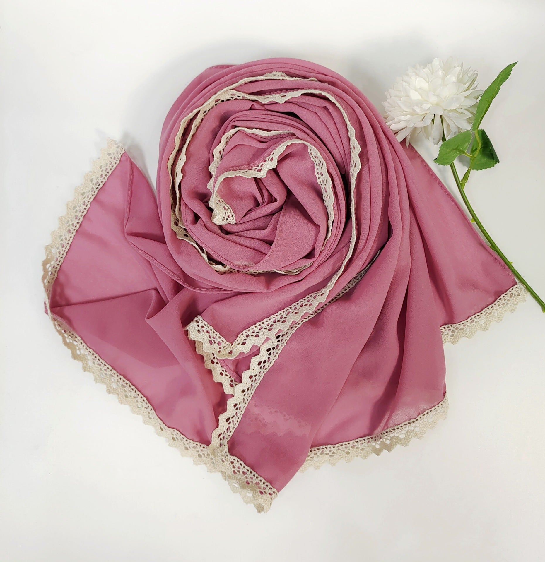 New ins fashion monochrome pearl chiffon lace fringed  scarf headscarf hijab