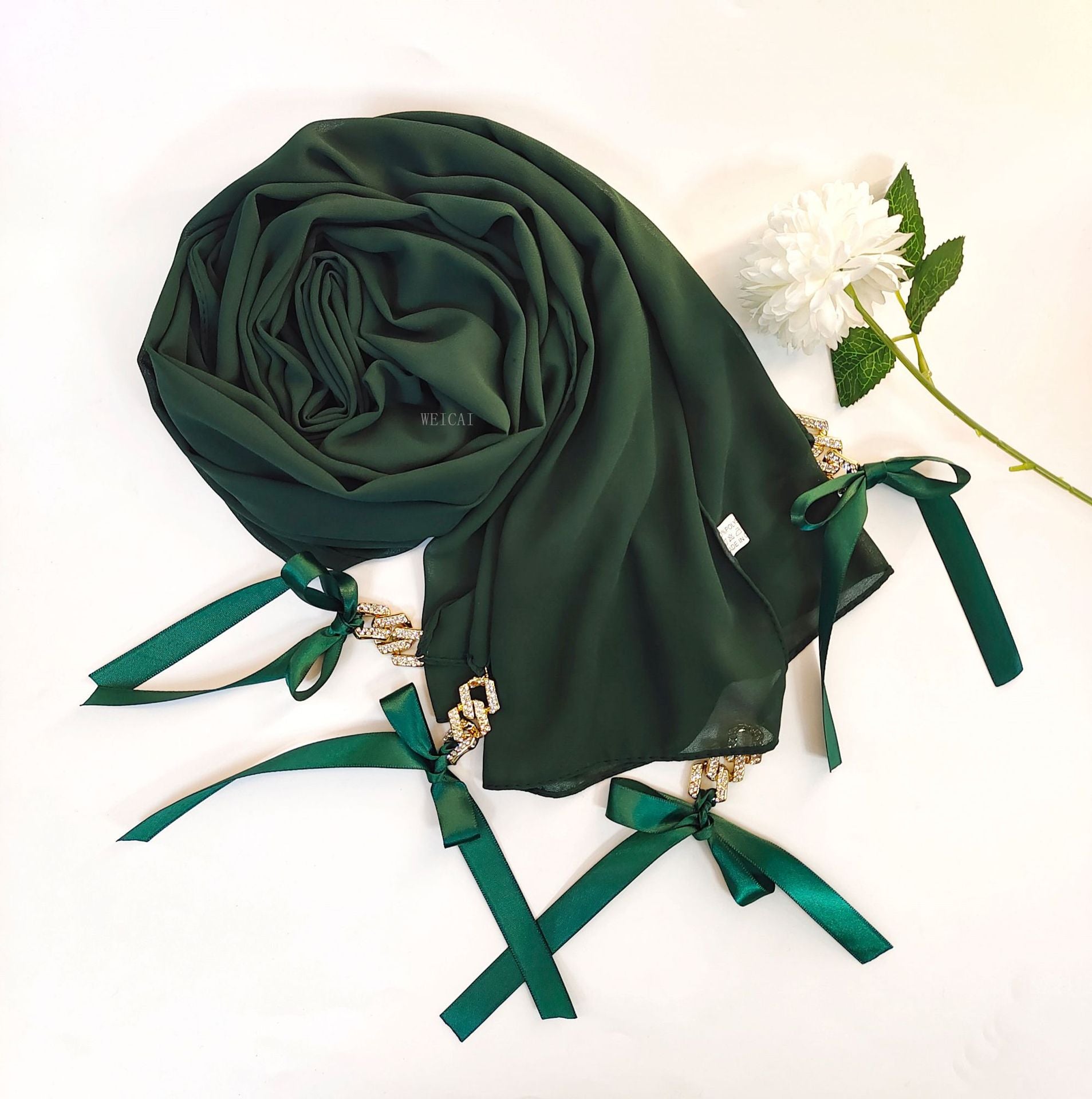 New ins fashion monochrome pearl chiffon diamond jewelry bow tassel  bag headscarf hijab