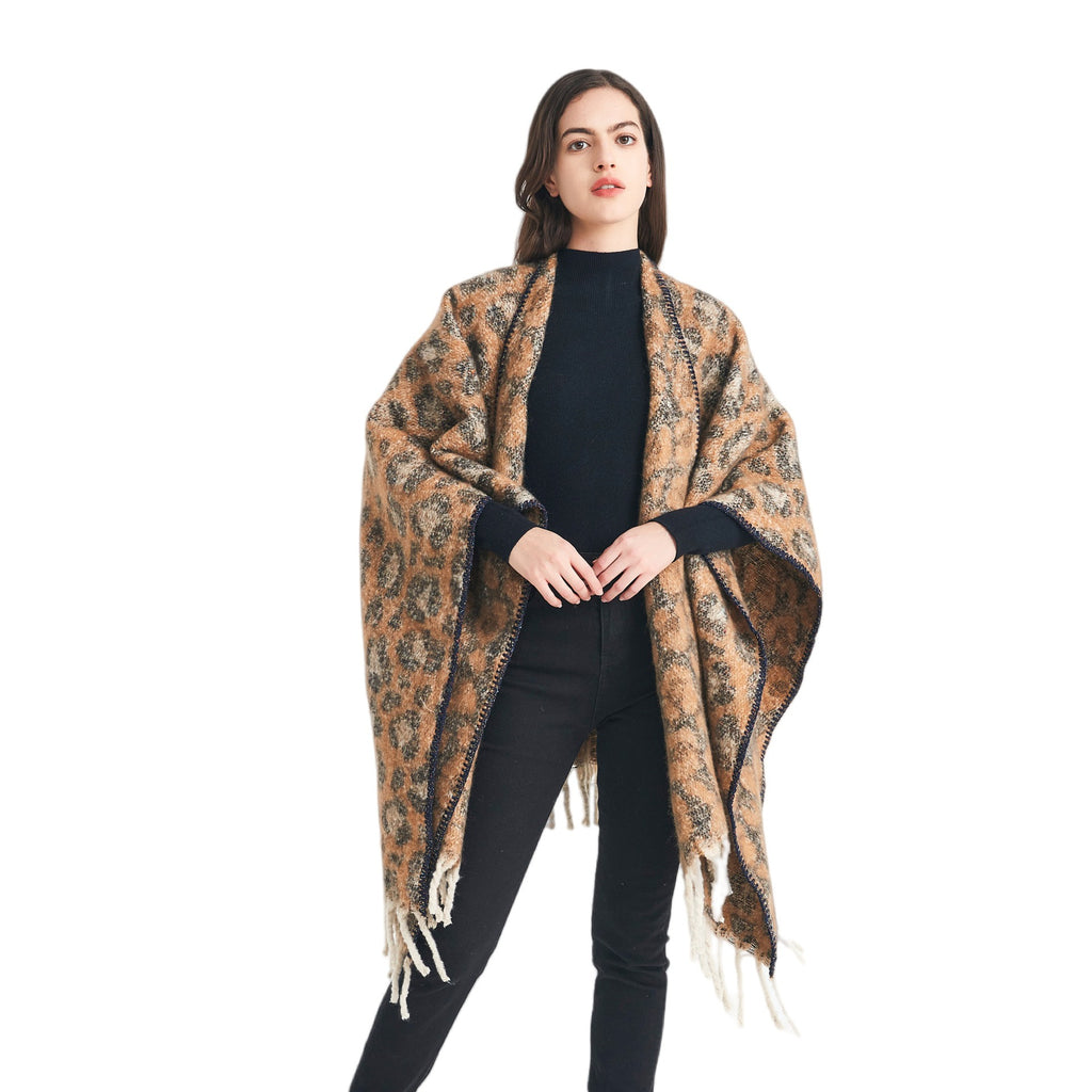 European, American autumn and winter circle yarn imitation mohair thickened jacquard leopard print fringed cross shawl