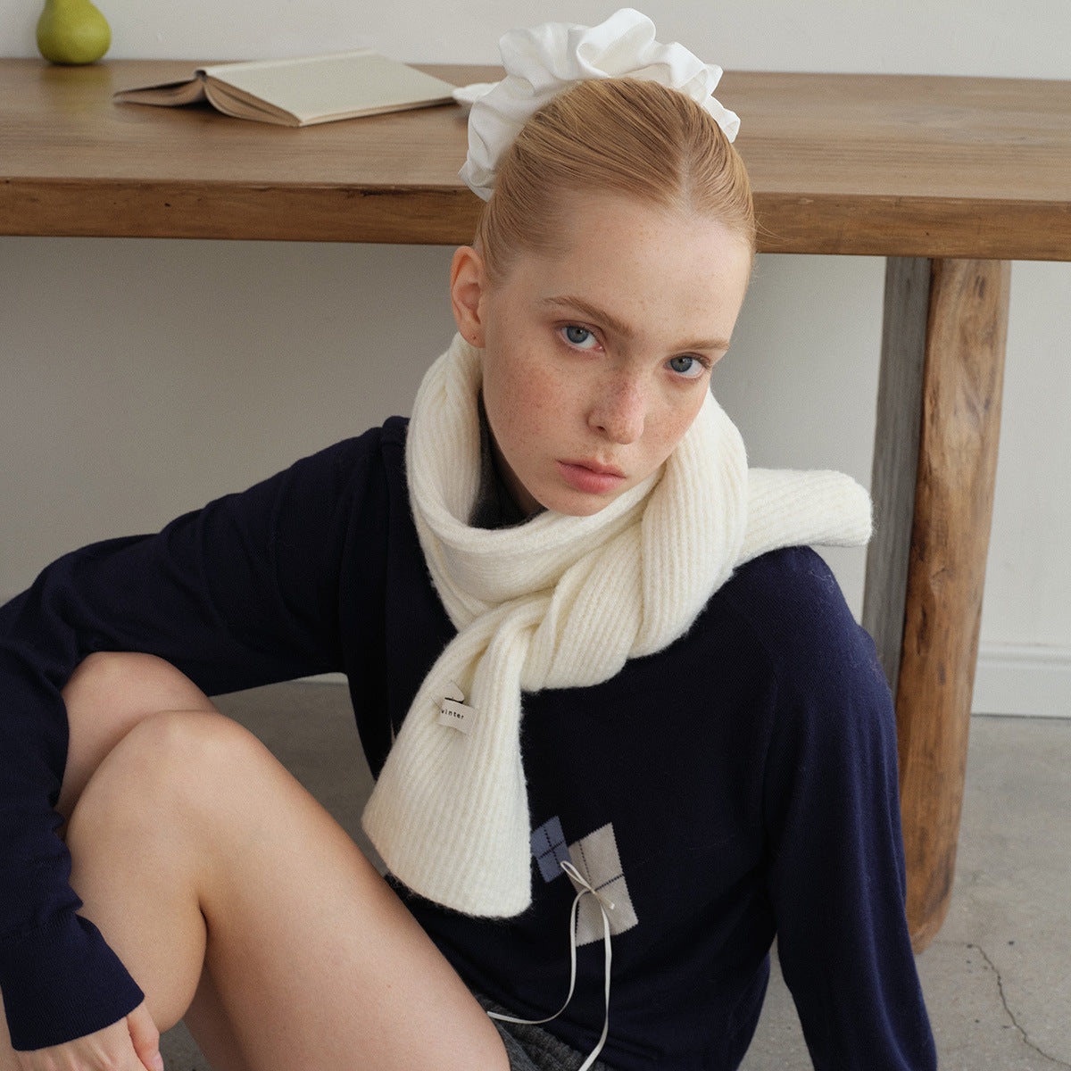 Wool blended solid color classic drawstring knitted scarf women's winter soft waxy Korean atmosphere wool scarf