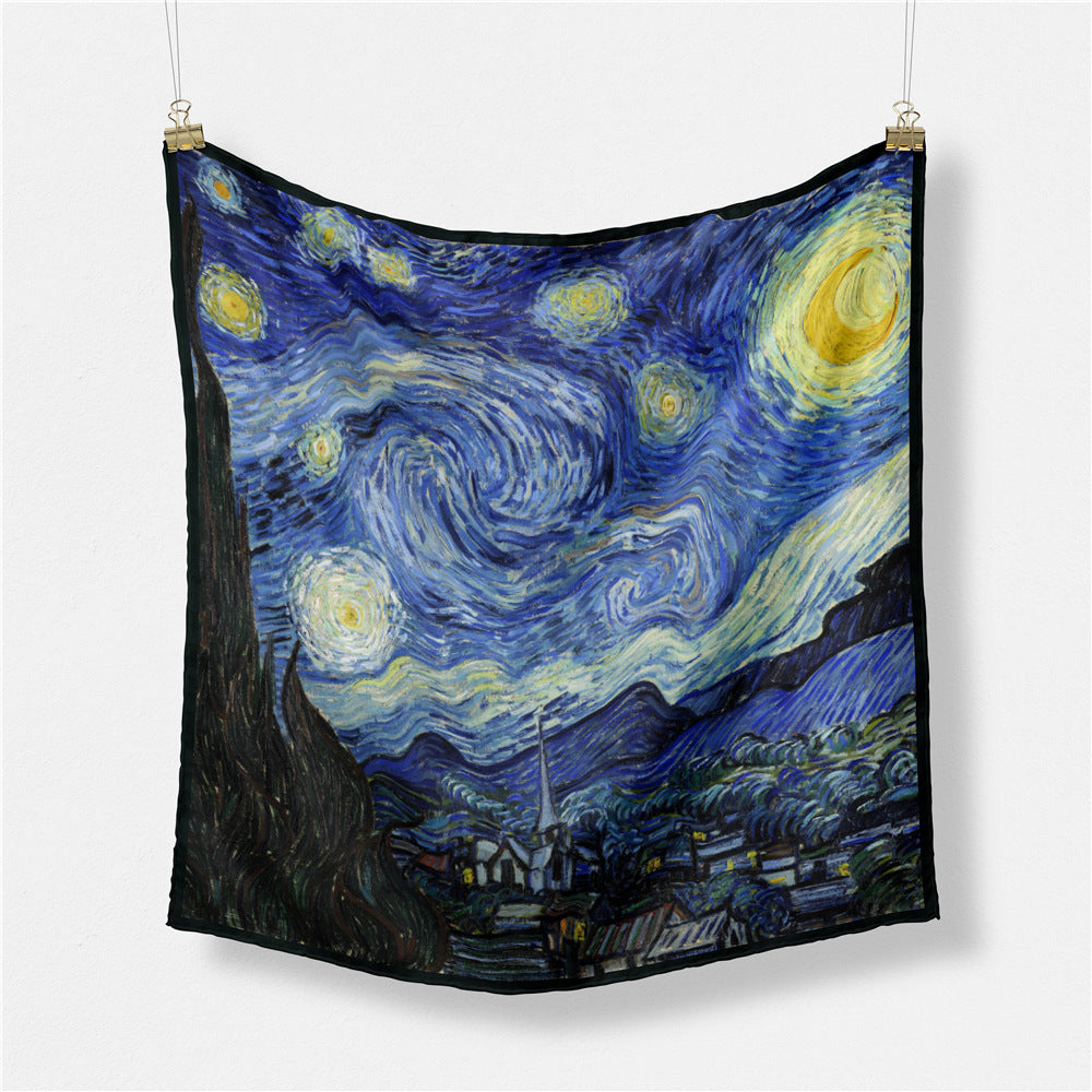 Fashion Van Gogh art oil painting 53cm small square scarf, twill silk imitation silk women's scarf, headband