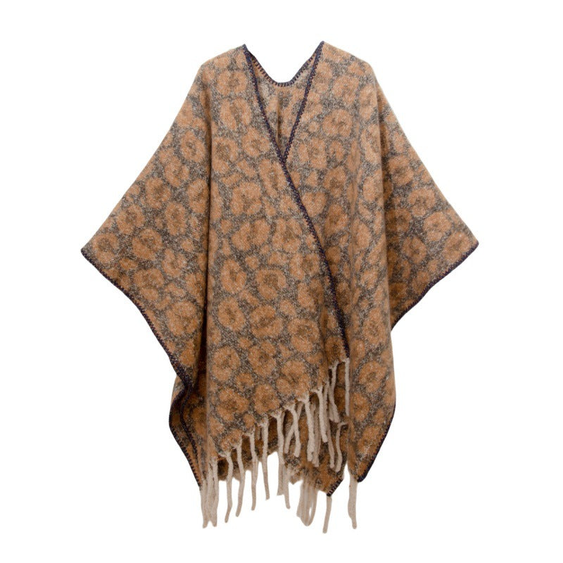 European, American autumn and winter circle yarn imitation mohair thickened jacquard leopard print fringed cross shawl