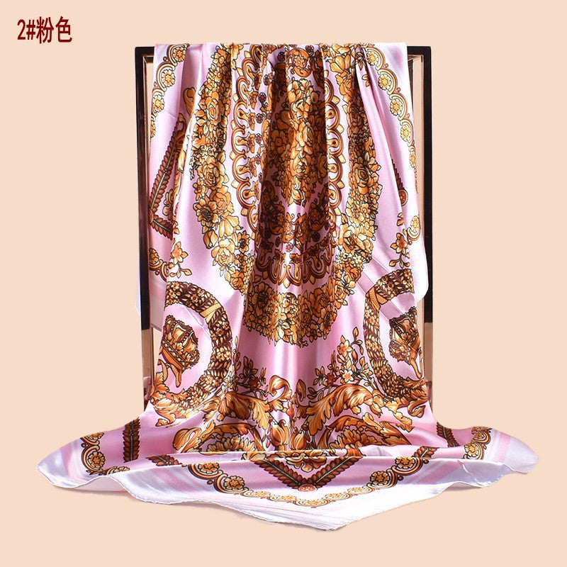Spring new fashionable versatile large shawl imitation silk retro totem printed silk scarf head scarf 90 satin square scarf