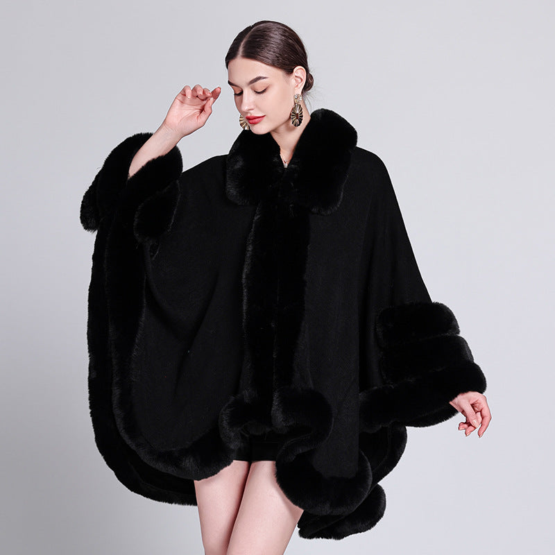 European and American autumn and winter new knitted fur collar loose cape shawl cape with medium and long imitation fur coat women