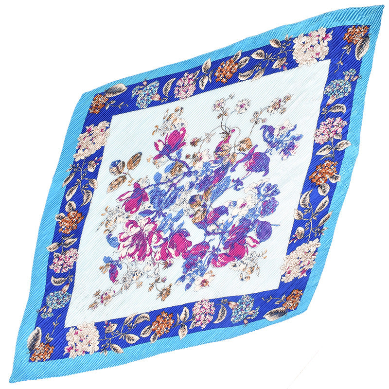Summer new fashion retro flower pleated 90 satin large square scarf silk scarf imitation silk scarf