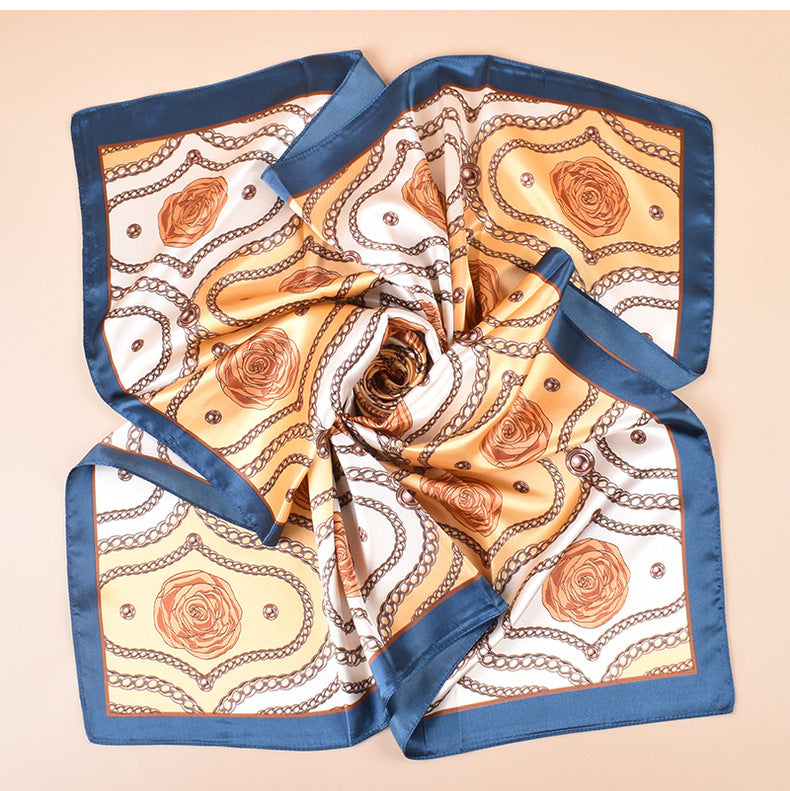 Spring and summer scarf chain flower printing versatile decorative scarf headscarf silk scarf 90 high-quality satin square scarf