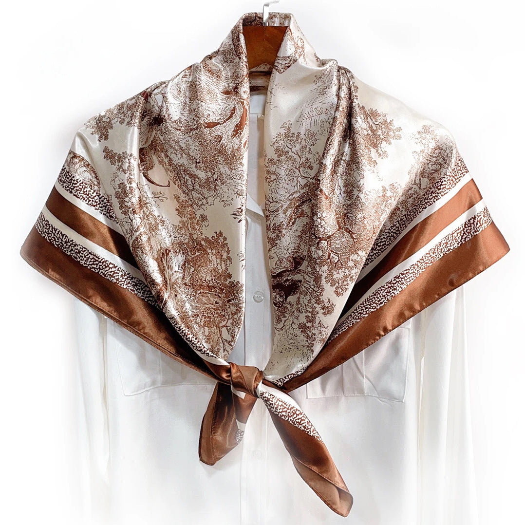 Simple and elegant plant flower flower, satin 90 square scarf, high-end women's headscarf with hand gift silk scarf