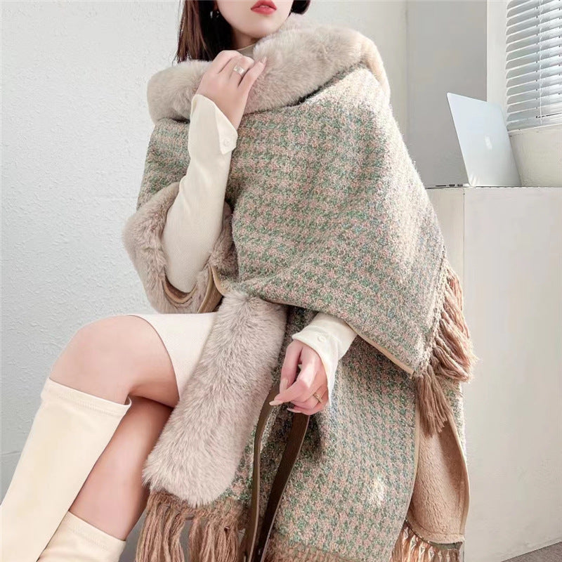 New cape shawl hooded fleece thickened temperament fringed medium and long loose large size cape jacket 1186 #