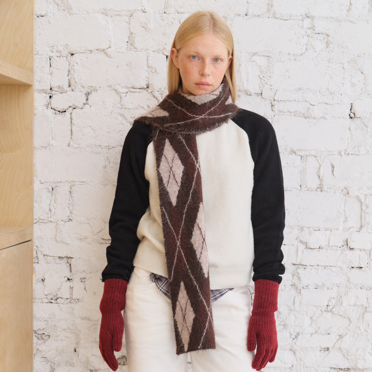 Designer wool-blend neutral rhombus plaid knitted scarf women's winter brushed soft wool scarf