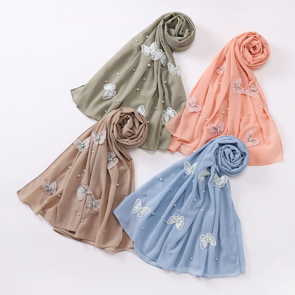 Pearl chiffon three-dimensional butterfly flower bead scarf gauze Malaysian headscarf