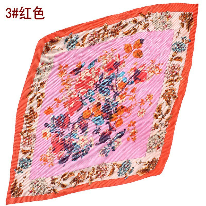 Summer new fashion retro flower pleated 90 satin large square scarf silk scarf imitation silk scarf