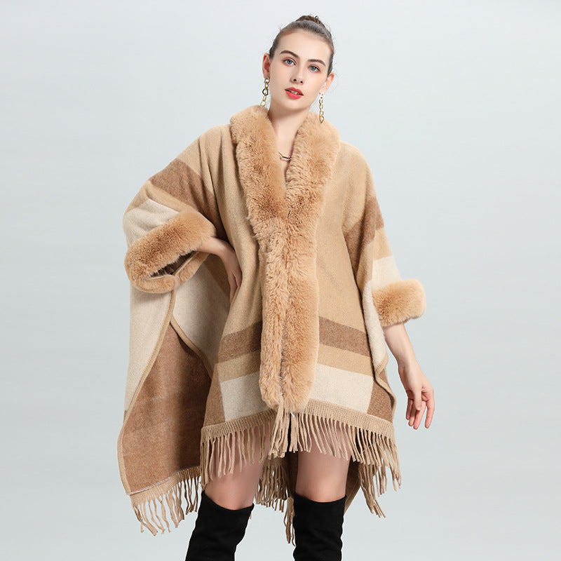 European and American autumn and winter new imitation Rex rabbit fur collar fashion striped loose fringed knitted cardigan shawl cape 0913 #