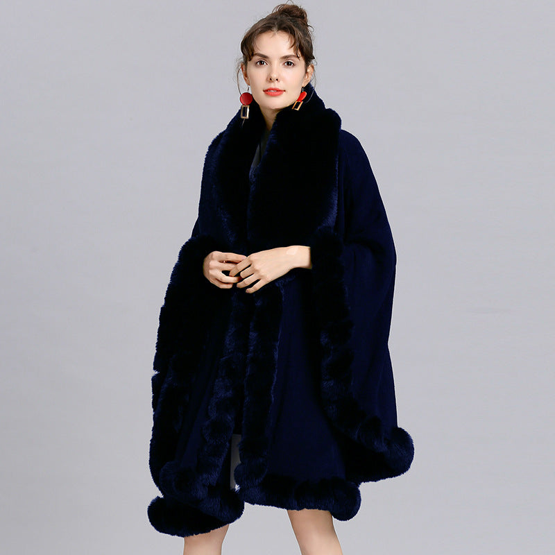 European and American new cape large size coat women's shawl loose imitation fur collar knitted cardigan shawl cape 1561 #