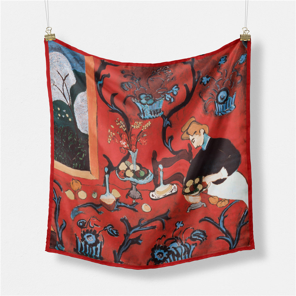 Simple, fashionable and versatile literary and artistic fan 53cm small square scarf, Van Gogh art oil painting, women's scarf silk scarf