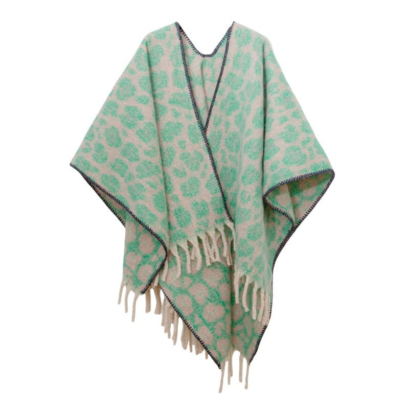 European, American autumn and winter circle yarn imitation mohair thickened jacquard leopard print fringed cross shawl