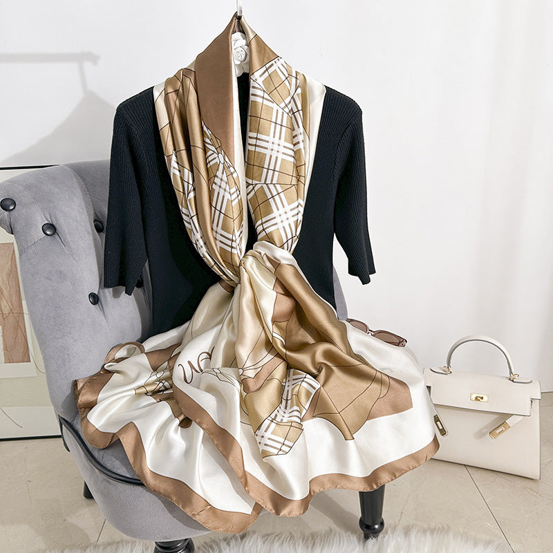 Fashion versatile geometric line plaid printing long silk scarf, elegant and light luxury women's outer yarn thin shawl