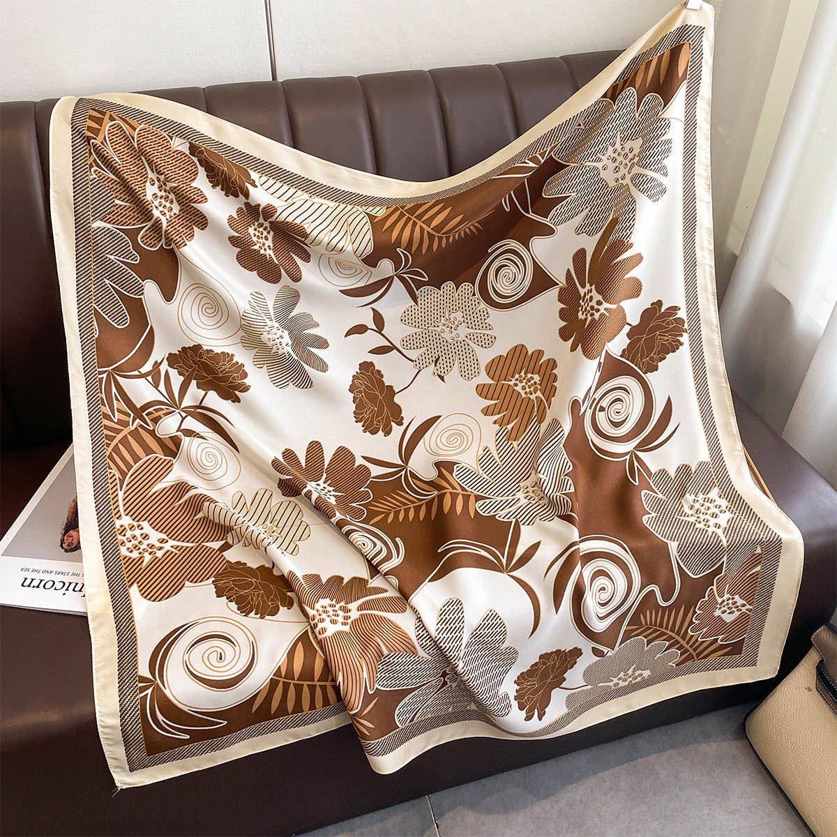 Spring and Autumn new retro flower printing simulation silk large square scarf women's French atmosphere professional twill shawl silk scarf