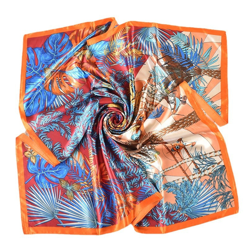 Spring and summer scarf fashionable versatile pastoral plant printing decorative headscarf silk scarf 90cm high-quality satin square scarf
