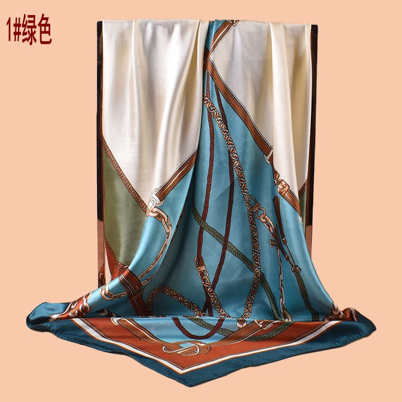 2025 new 90cm-color diced belt chain fringed printed square scarf with sunscreen, bag head silk scarf decoration, scarf