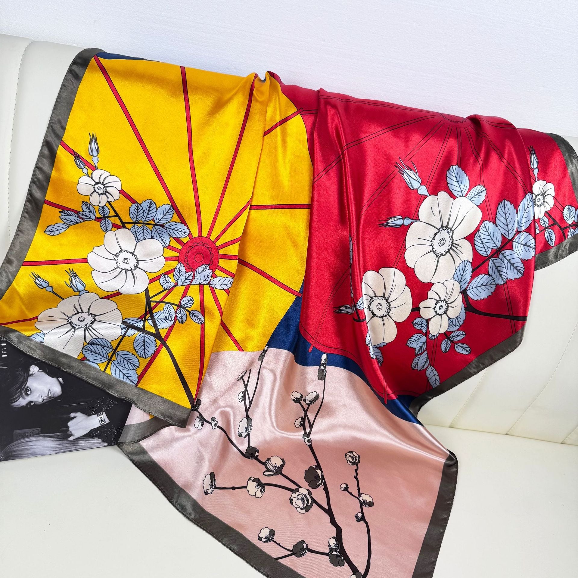European and American fashion geometric line printed silk scarf, imitation silk satin 90 square scarf, Indonesian ethnic women's bag head scarf