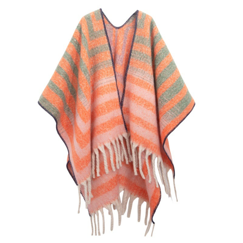 2025 new European and American autumn and winter circle yarn imitation mohair thickened jacquard striped shawl