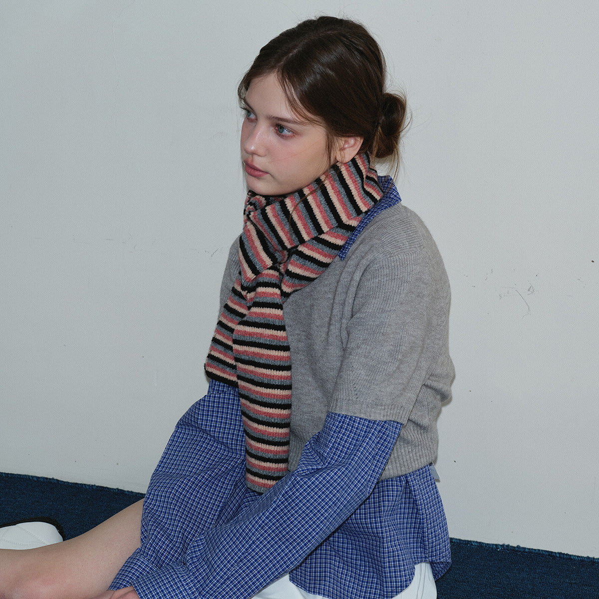 Wool blended contrasting striped knitted scarf women's autumn and winter Korean atmosphere soft wool scarf