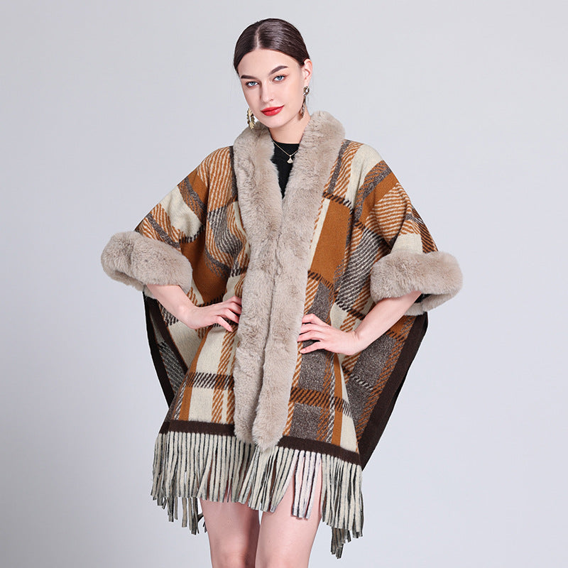 Autumn and winter shawl versatile fur collar fringed plaid cardigan shawl cape with woolen coat female 1224 #