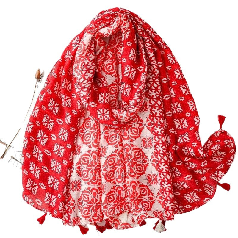 Spring and summer cotton and linen feel scarf celebrity style geometric style fringed silk scarf warm shawl