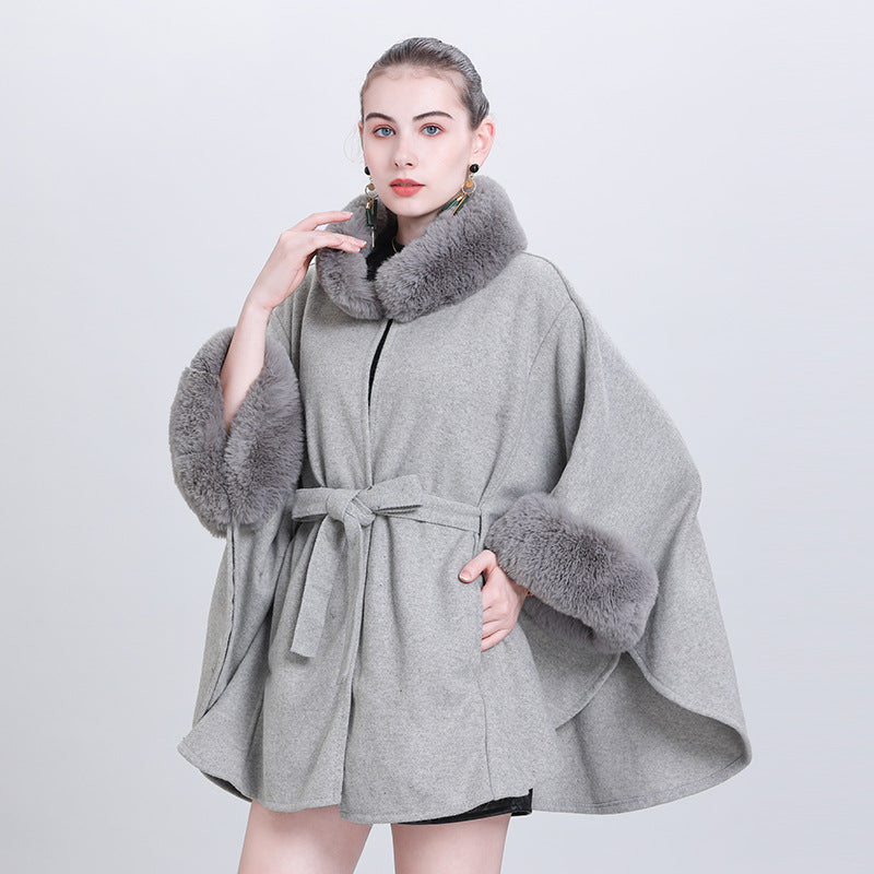 beige autumn and winter fur collar lace-up knitted cardigan cape loose woolen jacket Q1000 #