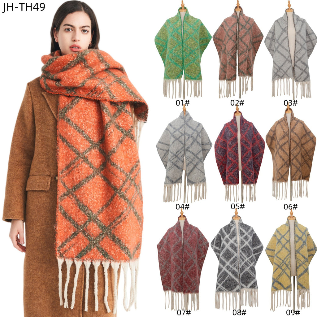 Europe, America, autumn and winter new loop yarn imitation mohair jacquard double grid scarf