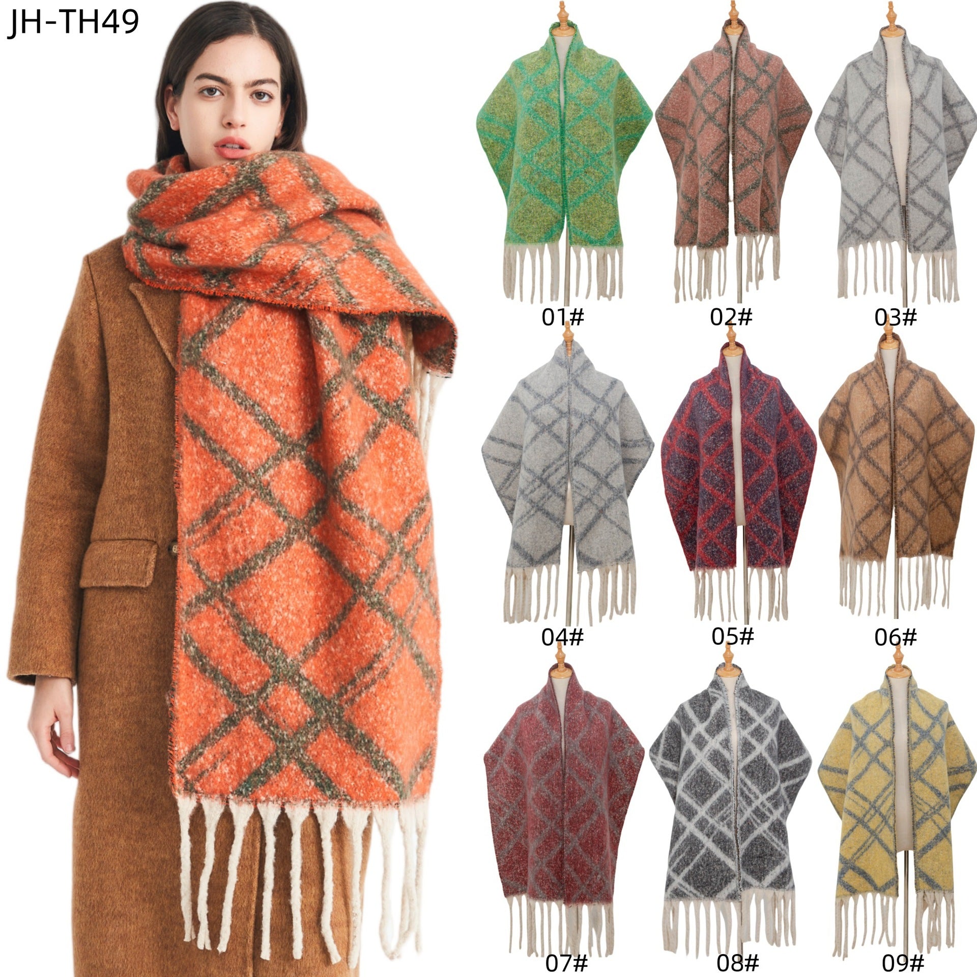 Europe, America, autumn and winter new loop yarn imitation mohair jacquard double grid scarf
