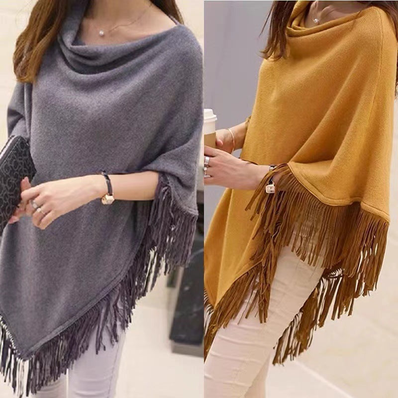 Spring and Autumn New Irregular Medium and Long Batman Sweater Loose Fringed Pullover Knitted Sweater Cape Shawl Jacket