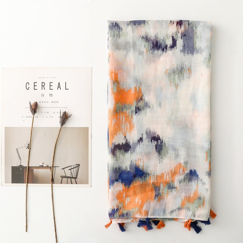 Thin Cotton Viscose gradual change ink painting cotton and linen feel tassel shawl travel accessories