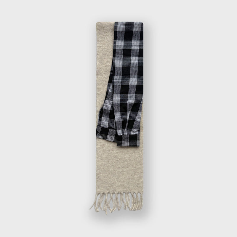 Plaid shirt sleeves splicing deconstruction fun wool blend fringed scarf women's winter wool scarf