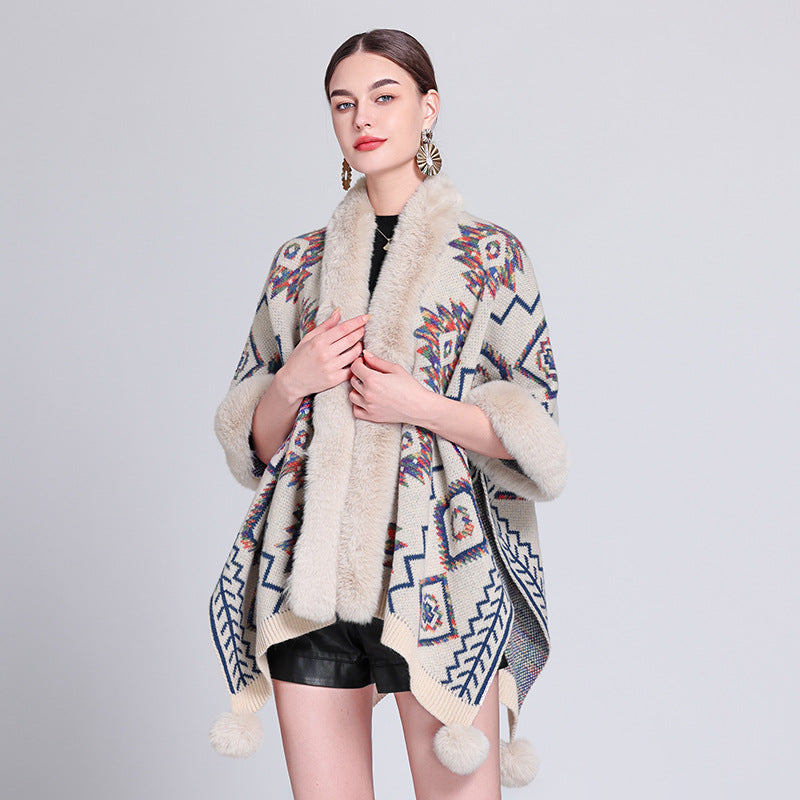 Autumn and winter new ethnic style hairball cape cape cape with jacquard loose knitted cardigan jacket women