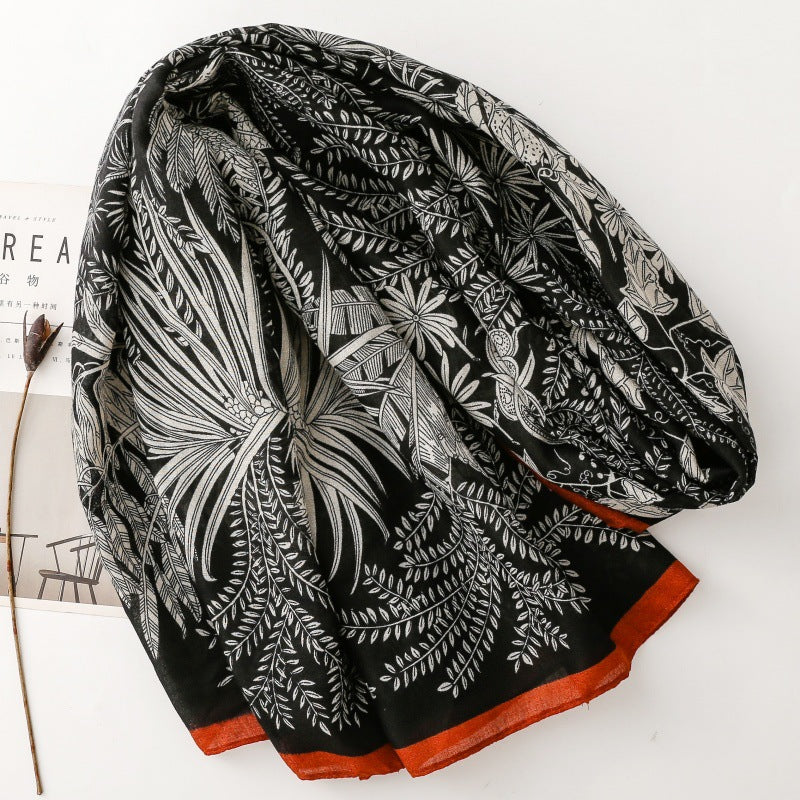 Autumn and Winter Fashion Wheat Ears Plant Flowers Silk Scarf Cotton and linen Feel Travel Vacation Shawl