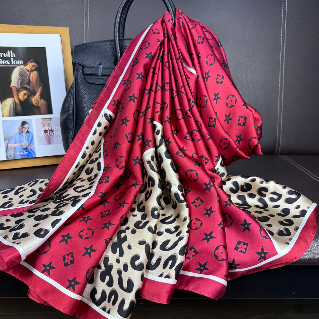 Fashion versatile geometric star leopard print beautiful brocade long silk scarf, elegant and high-end women's outer shawl