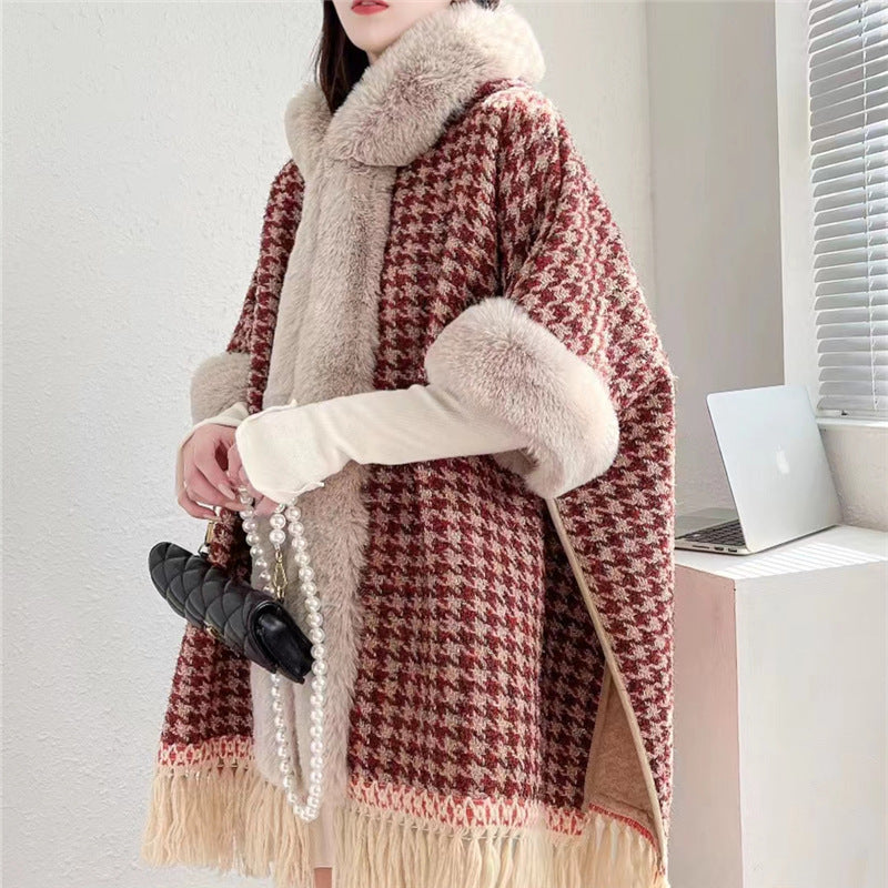 New cape shawl hooded fleece thickened temperament fringed medium and long loose large size cape jacket 1186 #