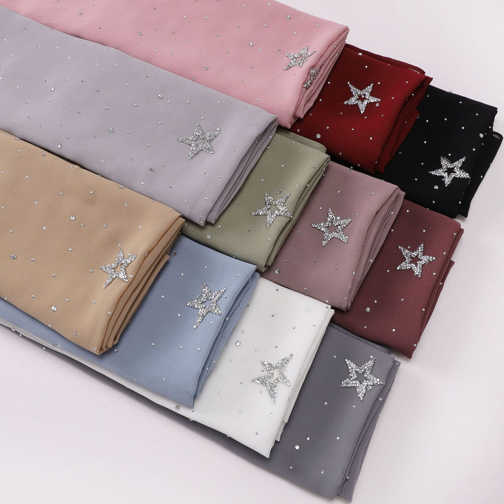 New chiffon half-width Gypsy star pentagram hot diamond long scarf, yarn scarf, Middle East Malay headscarf